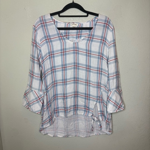 NWT Tribal Jeans Blue and Red Plaid Puff Sleeve Blouse Size Medium - Picture 1 of 6